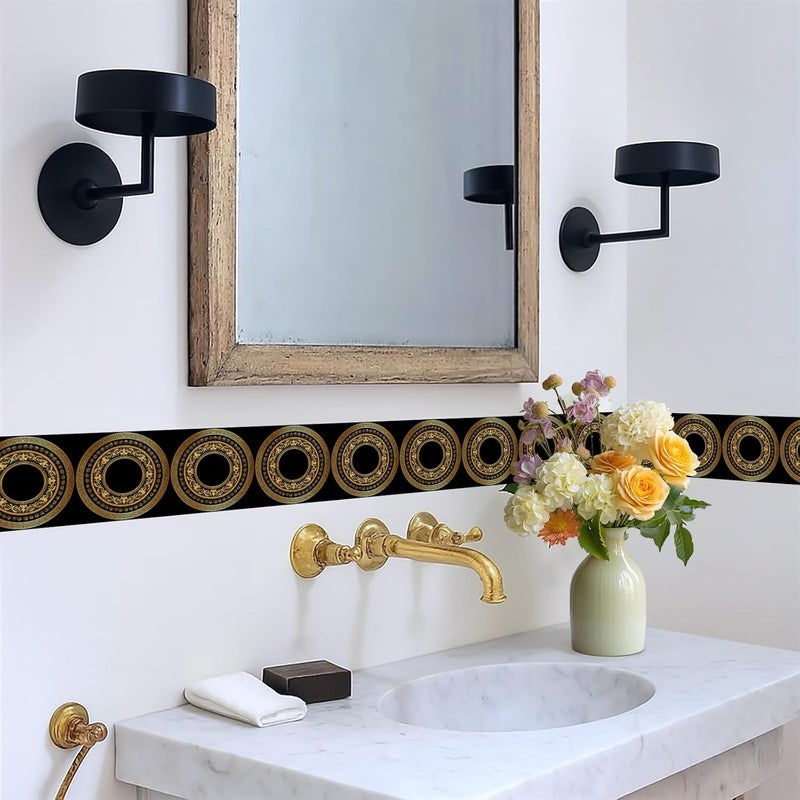 IOHEFY Black Gold Circle Wallpaper Border 196x4 Inch Peel and Stick Wall Border Self Adhesive Luxury Pattern Removable Vinyl Trim for Living Room Bedroom Bathroom Kitchen Cabinet - Image 5